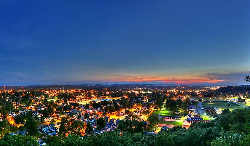 Aerial view of lights at dusk in Lancaster, Ohio.