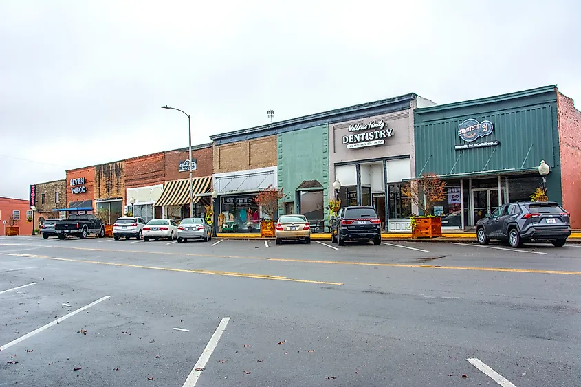 Historic storefronts in downtown Hohenwald, Tennessee.