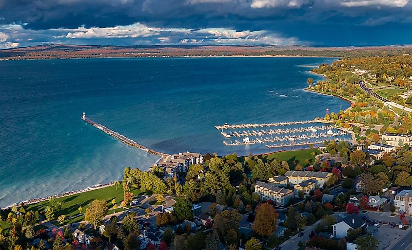 Aerial view of Petoskey, Northern Michigan, autumn evening light