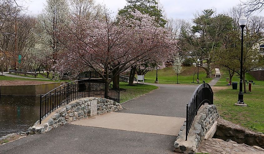 A stone bridge and spring scenery in Memorial Park in Nutley, New Jersey.