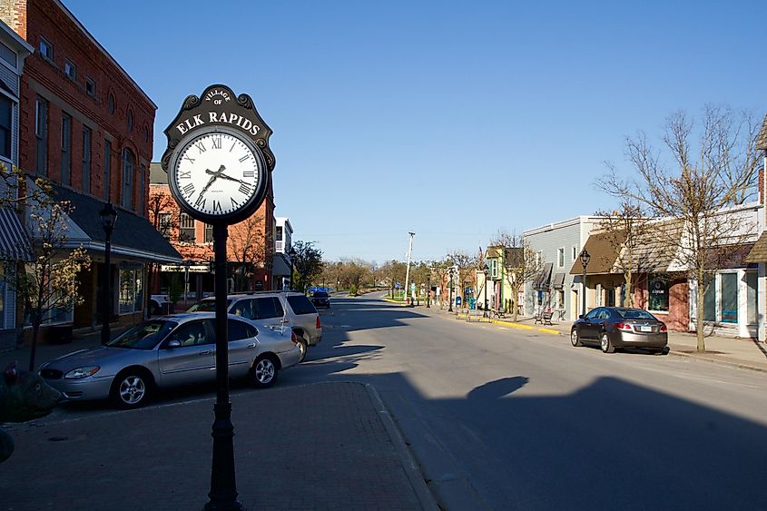 Main street in the small American town of Elk Rapids in northern Michigan