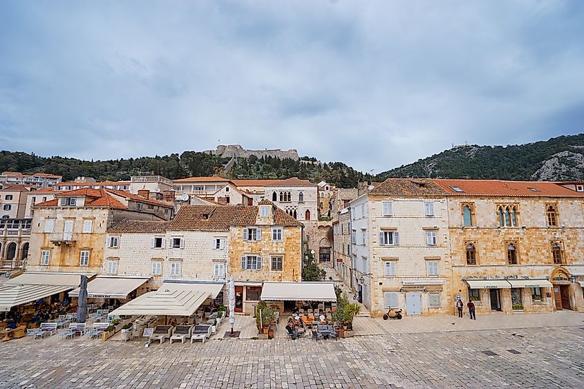 Cafes in Hvar Town's historic town square.