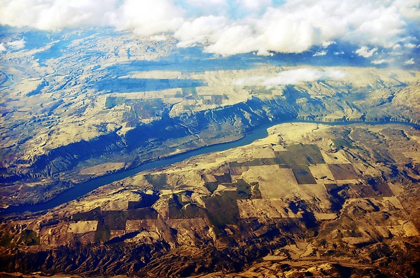Aerial view of Rufus Woods Lake, a portion of the Columbia River behind Chief Joseph Dam, Washington, USA.