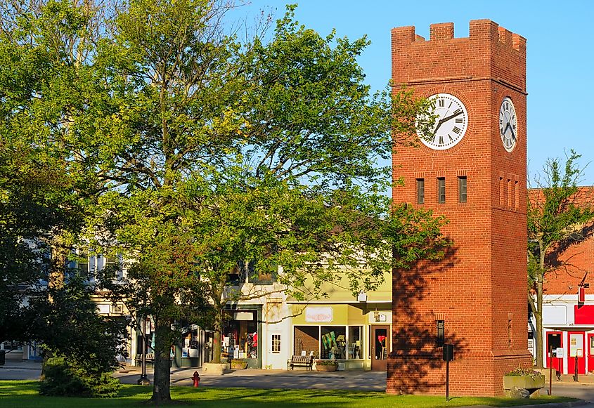 Village green with an old clock tower in Hudson, Ohio