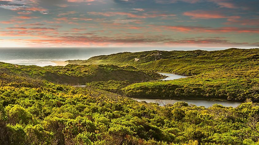 Mouth of the Margaret River where it joins the Indian Ocean a few miles west of the town of Margaret River in Western Australia.