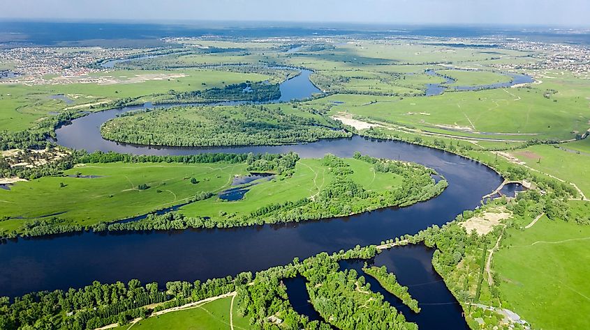 Aerial drone view of Dnieper and Dniester river near Kyiv,