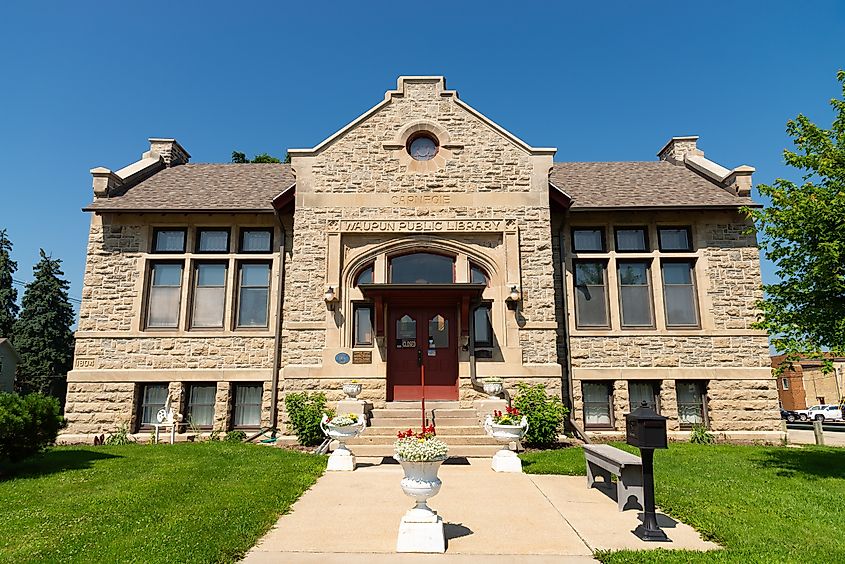 Waupun, Wisconsin - United States - June 17th, 2025: Exterior of the historic Waupun Carnegie Library, built from 1904-1905, in Waupun, Wisconsin, USA.