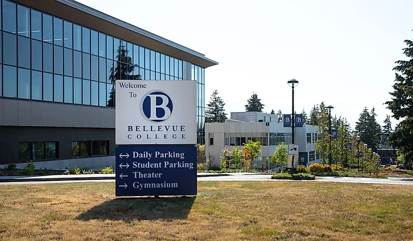 Bellevue College sign at the entrance to campus