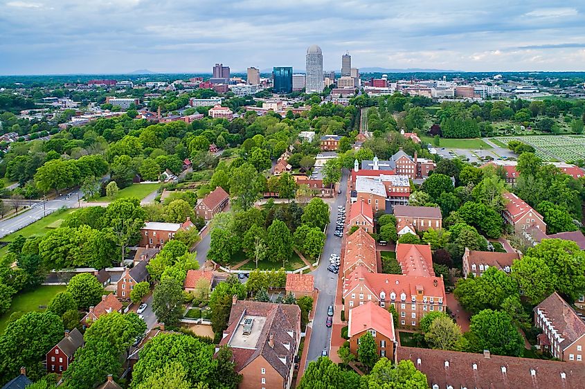 View of Old Salem and downtown Winston-Salem, North Carolina