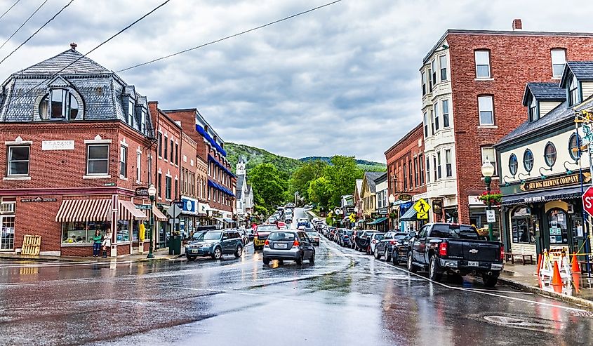 Downtown small village in Maine during rain with stores on main street