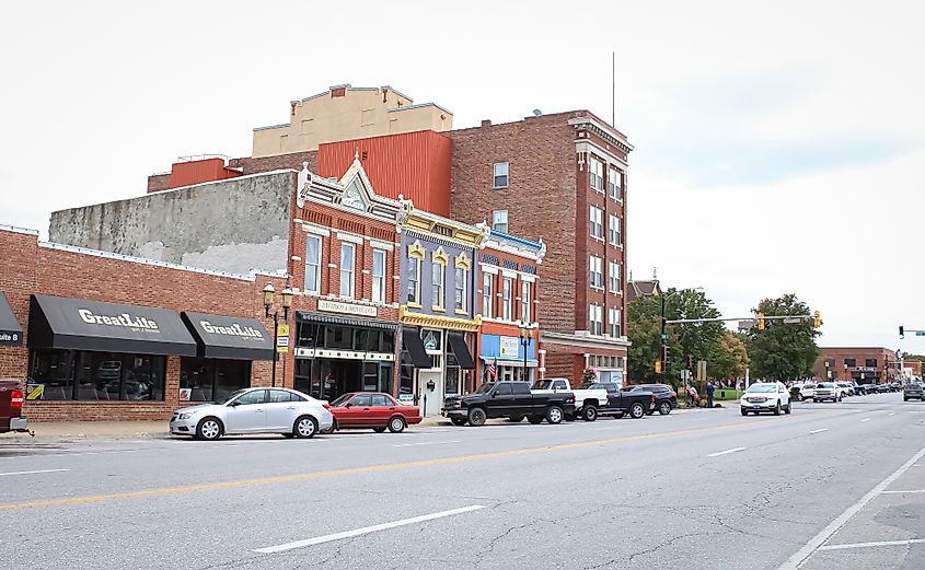 Ottawa, Kansas United States - November 5 2021: the business buildings downtown on a cloudy day. Editorial credit: Sabrina Janelle Gordon / Shutterstock.com