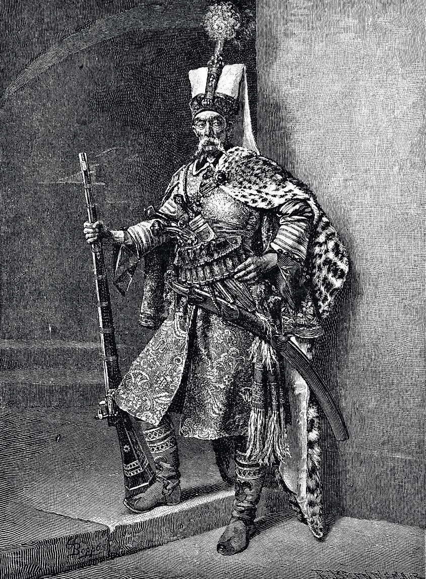 18th-century Turkish Janissary in uniform, depicted in an engraving by Brendamur, published in the Russian magazine Niva in 1888