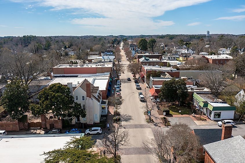 Aerial view of downtown Smithfield, Virginia.