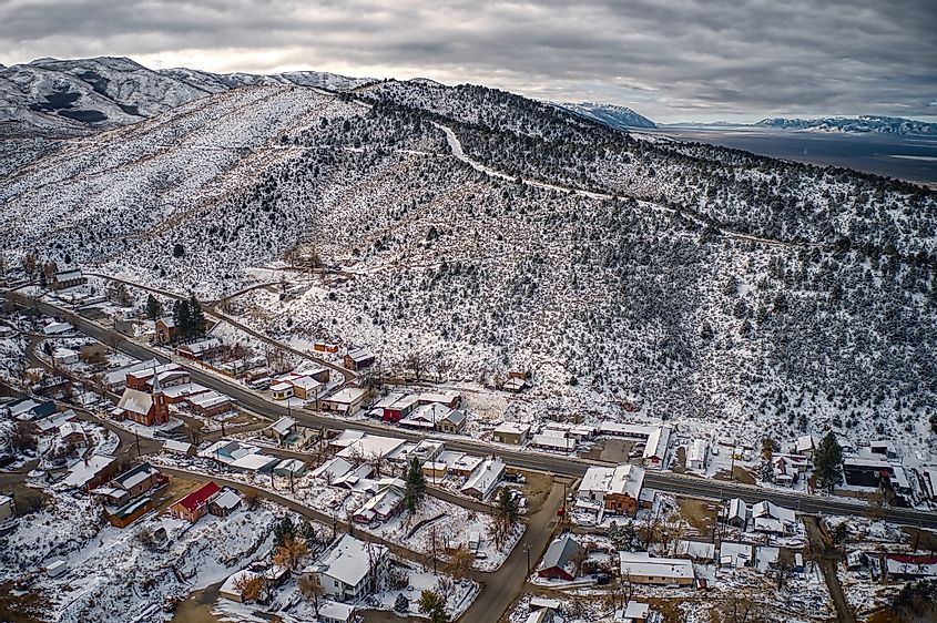 Aerial View of the tiny town of Austin, Nevada on Highway 50