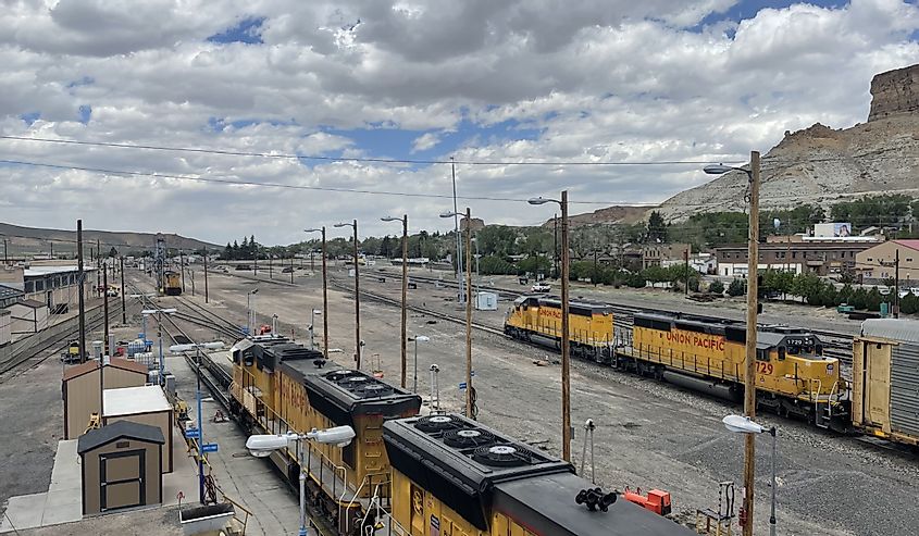 Overlook of Union Pacific rail road showing engine refuelling bays and the former Green River train station