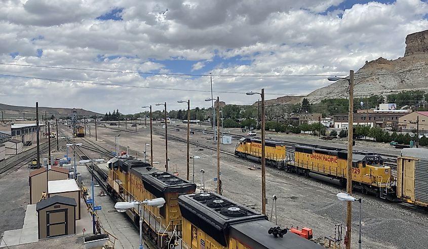 Overlook of Union Pacific rail road showing engine refuelling bays and the former Green River train station