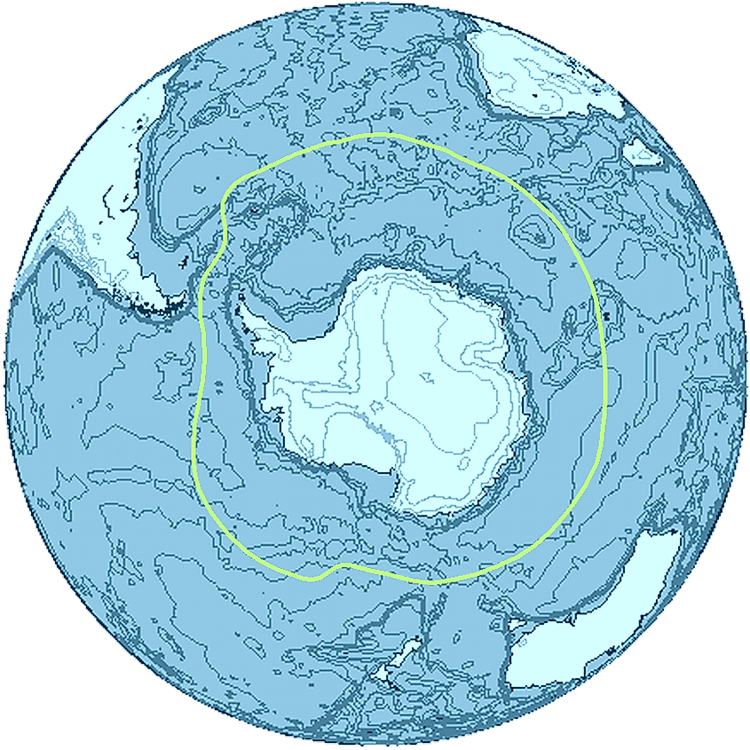 The Antarctica region and its boundary, the Antarctic Convergence.