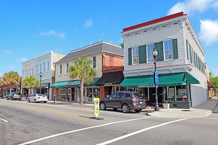Businesses on Bay Street near the waterfront in the historic district of downtown Beaufort, the second-oldest city in South Carolina