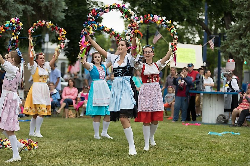Members from the Frankenmuth dance center perform the maypole dance during the Bavarian Festival in Frankenmuth, Michigan.