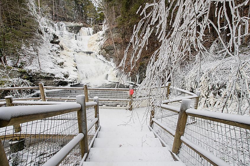 The three-tiered Raymondskill Falls in winter near Dingmans Ferry, Pennsylvania.