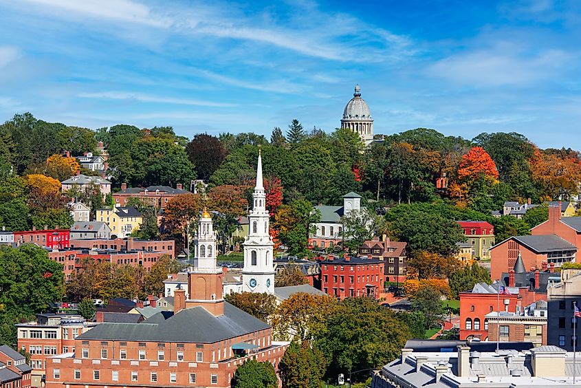 Historic New England architecture in Providence, Rhode Island, with early autumn foliage.