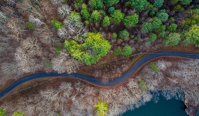 Aerial photograph of a winding road through the smoky mountains in Butler, Tennessee.