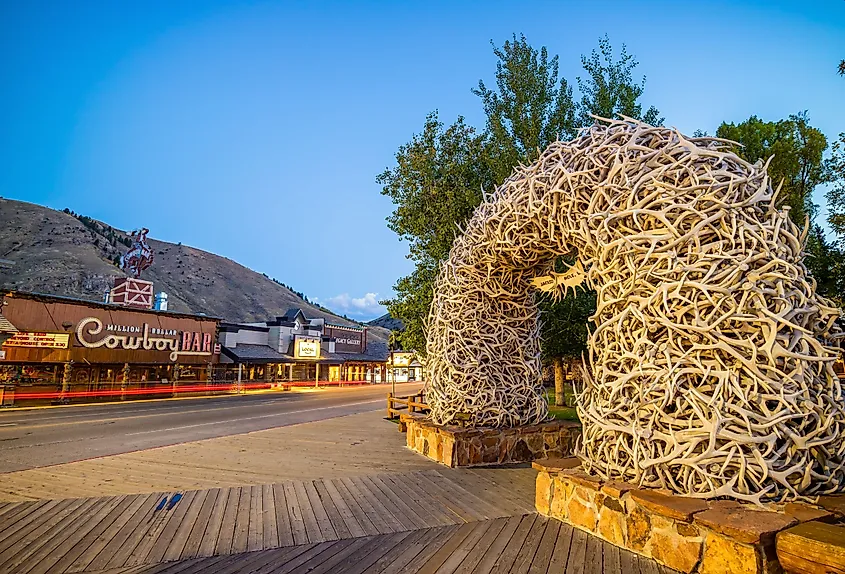 The elk antler arch and historic buildings at Jackson Town Square, Wyoming.