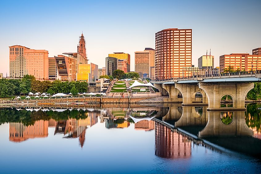 Hartford, Connecticut, USA downtown city skyline on the river.