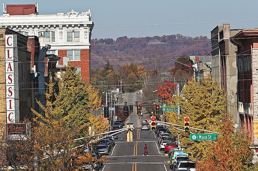 A view of Pearl Street in downtown New Albany, Indiana.