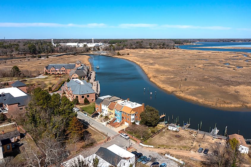 Aerial view of homes on the Pagan River in Smithfield, Virginia.