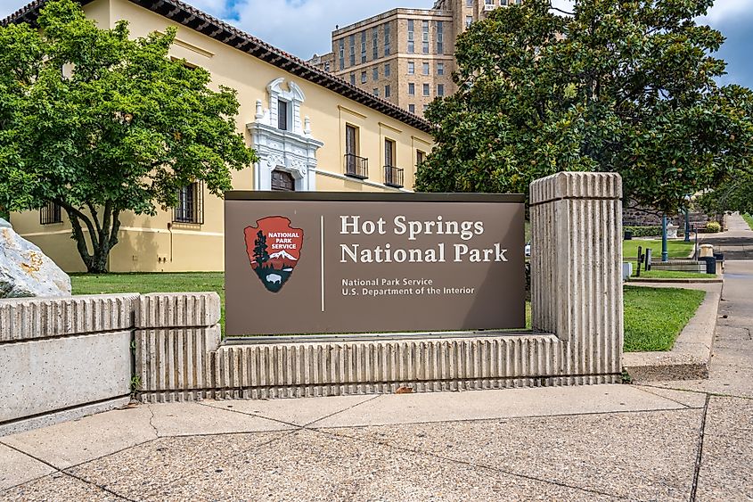 Hot Springs NP, AR, USA - September 10, 2022: A welcoming signboard at the entry point of the park. Editorial use Cheri Alguire via Shutterstock