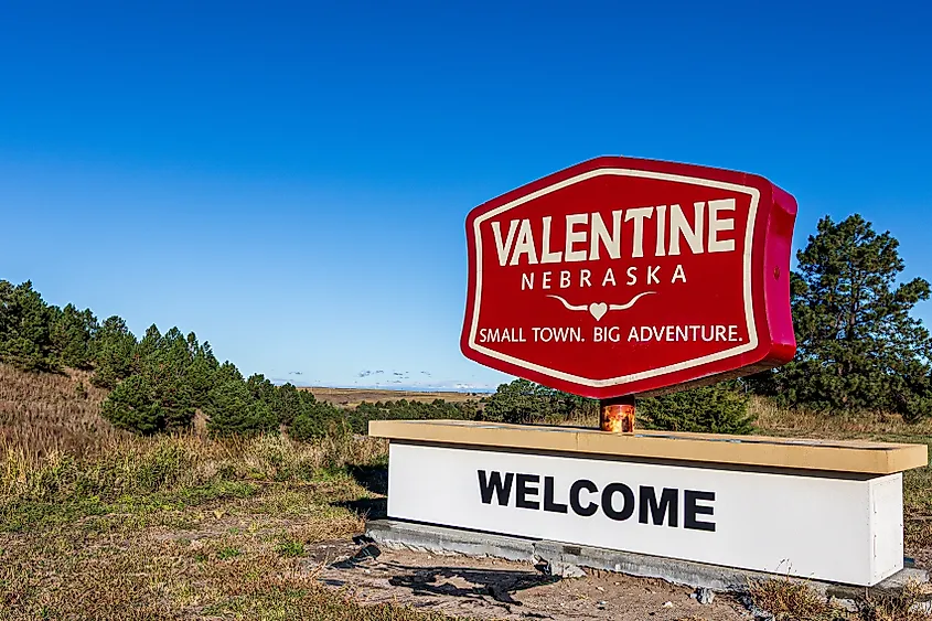 Welcome sign to Valentine, Nebraska.