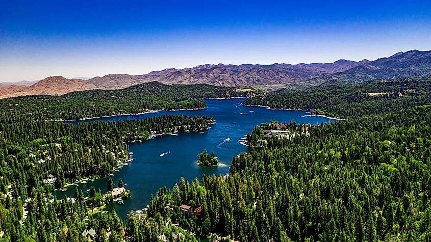 Aerial view of Lake Arrowhead in the San Bernardino Mountains, California