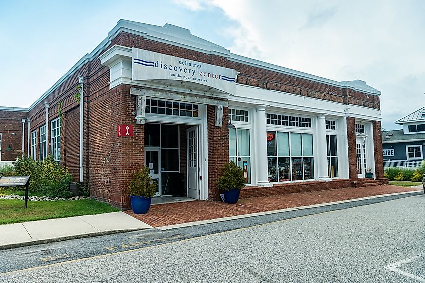 The main street of an old American city with a brick building in Pocomoke City, Maryland.