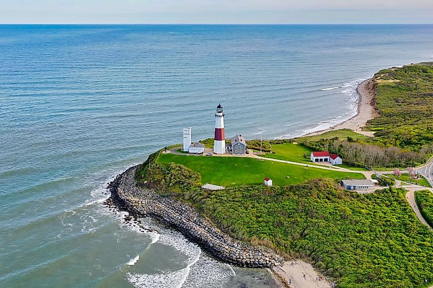 Aerial view of the Montauk Lighthouse and beach in Long Island, New York