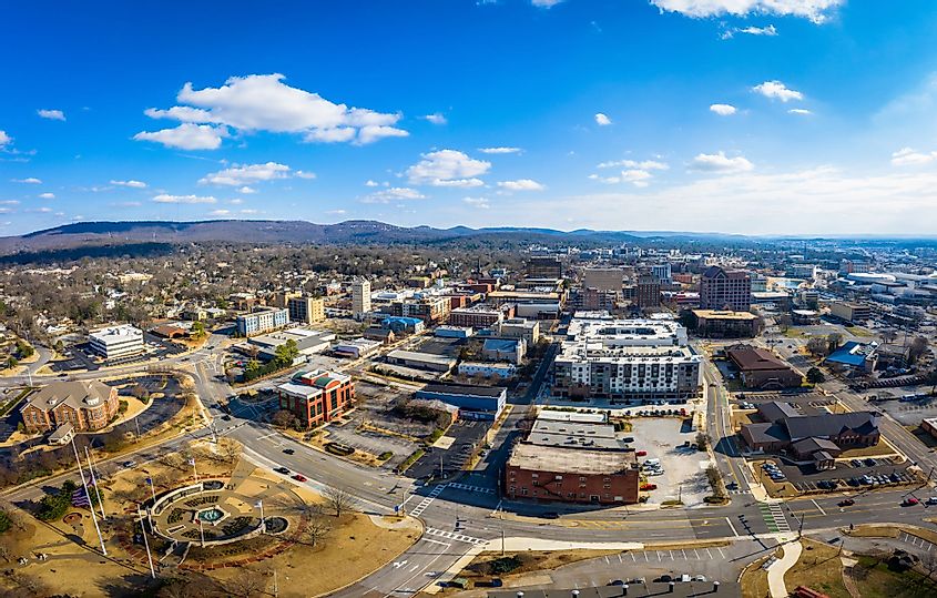 An aerial view of the downtown area of the city of Huntsville, Alabama