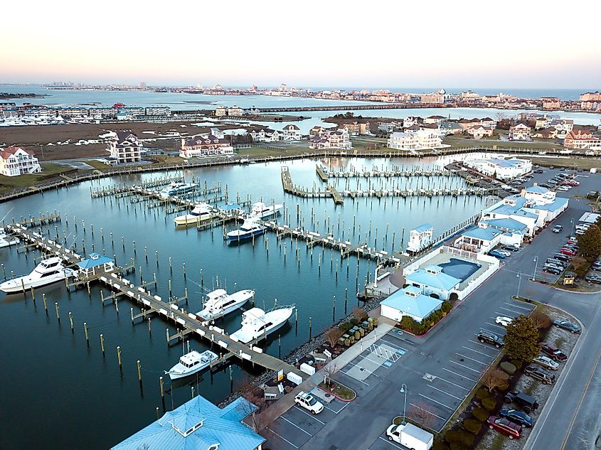 Aerial view of fishing marina in Ocean City, Maryland, USA.