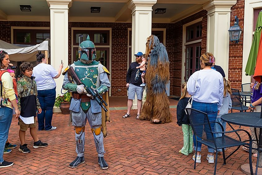 An outdoor event with people dressed as fictional characters in Jonesborough,