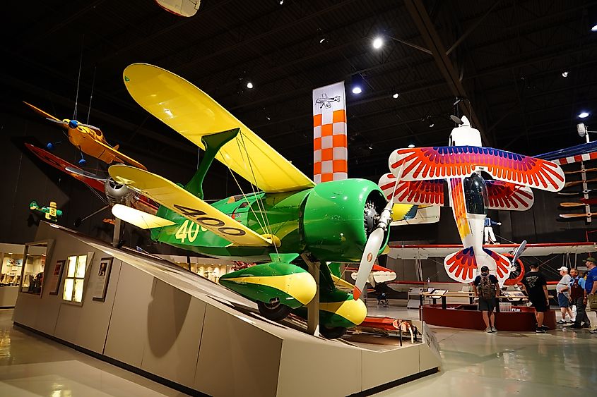 A collection of historic airplanes inside the EAA Aviation Museum in Oshkosh.