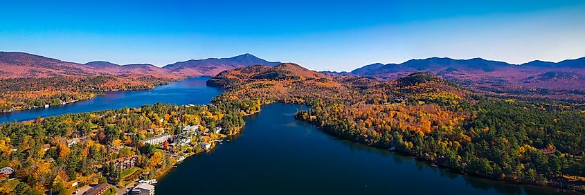 Aerial view of Lake Placid Mountains with Autumn Fall Colors in Adirondacks, New York,