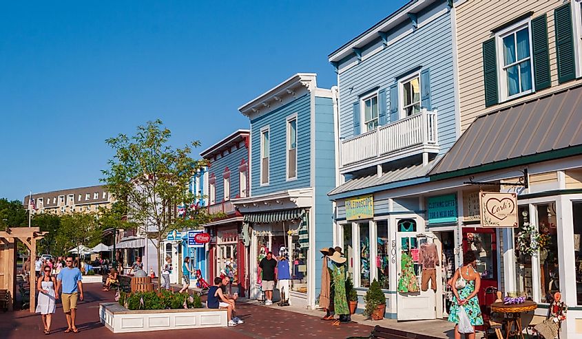 Tourists walk through Washington Street Mall, lined with specialy boutiques, eateries and shops, Cape May, New Jersey.