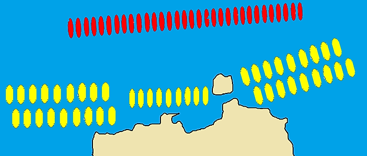 The Athenians (yellow) used an unusual tactic at the time to prevent a successful rout by Spartans, but their fleet was lost in a storm.