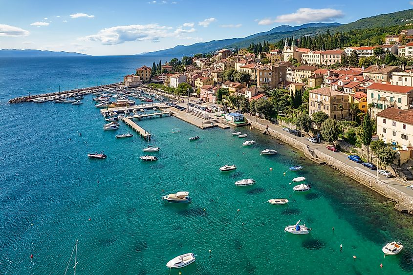Aerial view of the beautiful seafront in Volosko district of Opatija, Adriatic sea, Croatia.