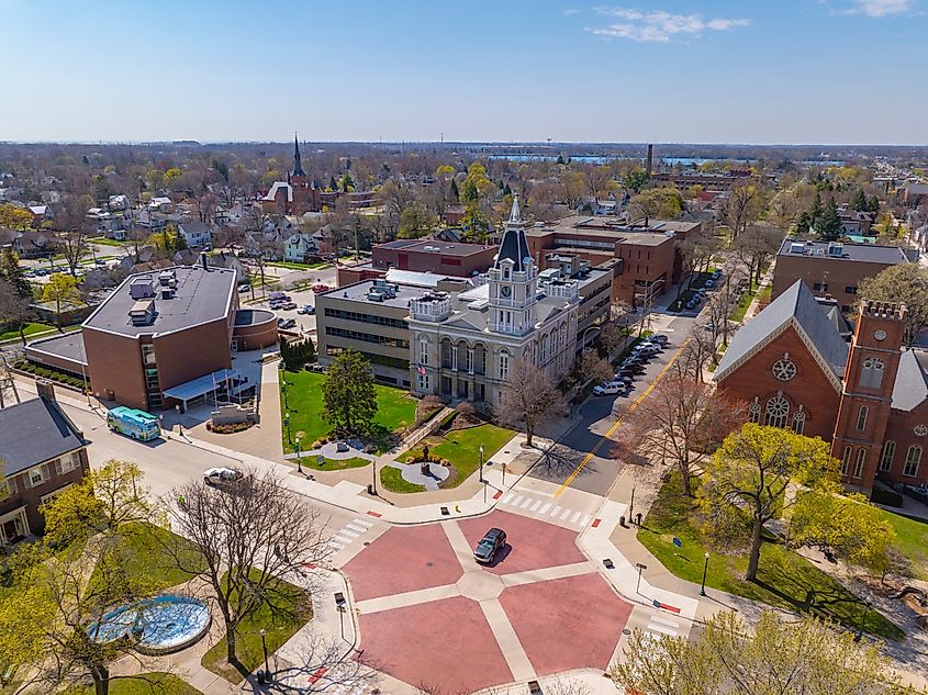 Aerial view of Monroe County District Court and City Hall on East 1st Street in historic downtown Monroe, Michigan.