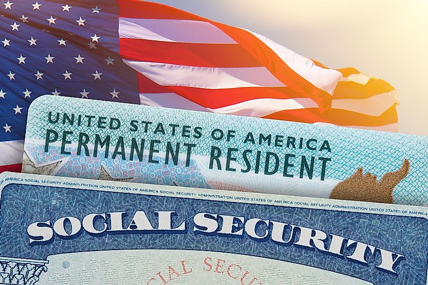 Green Card US Permanent resident USA and Social Security card.
