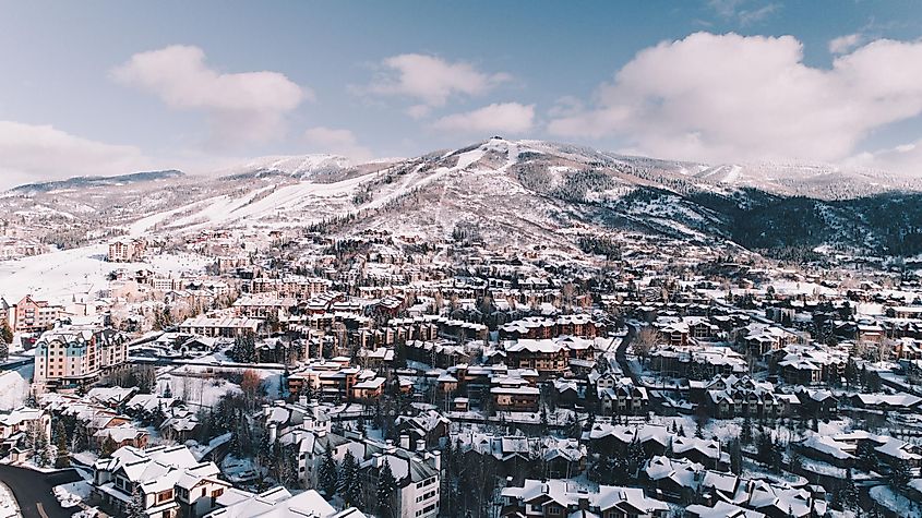 Aerial view of Steamboat Springs, Colorado during winter.