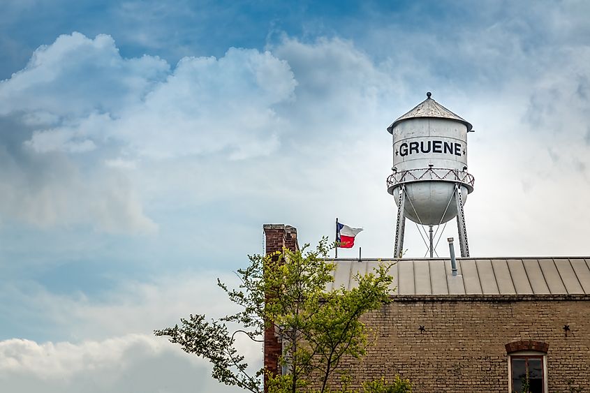 Low angle view of the water tower in Gruene, Texas.