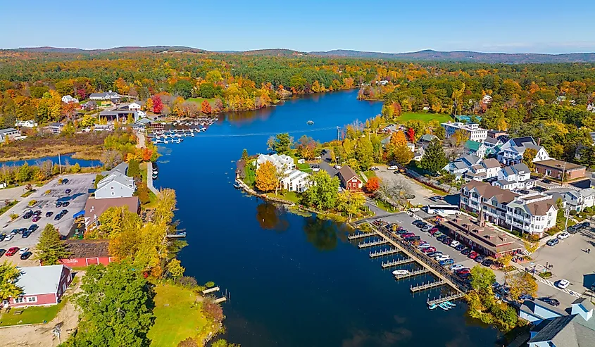 Wolfeboro historic town center at Back Bay at Lake Winnipesaukee aerial view in fall.