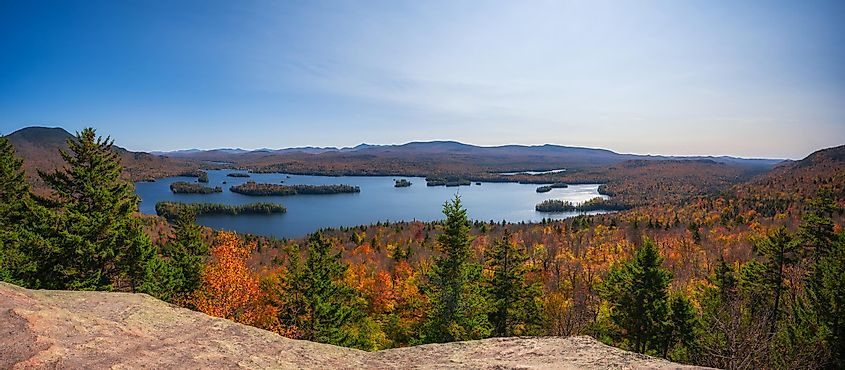 Panoramic view from Castle Rock Summit of Tupper Lake in Autumn