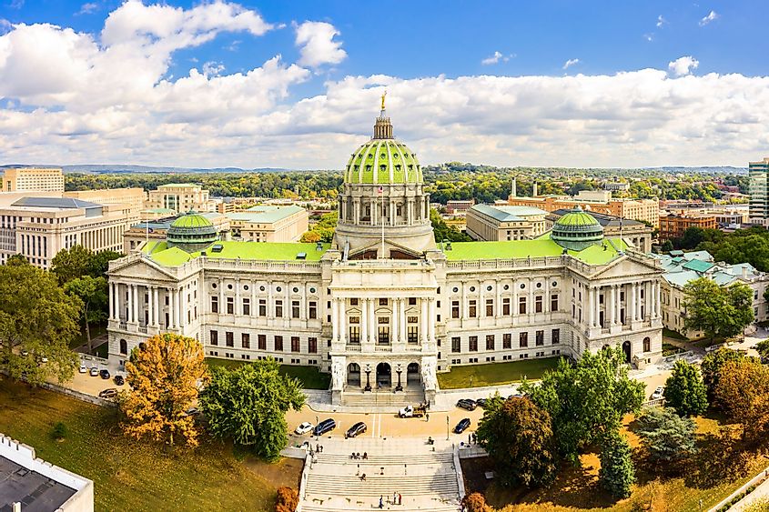Drone view of the Pennsylvania State Capitol in Harrisburg, Pennsylvania
